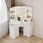 48 Inch Fluted Corner Vanity Desk, Triple LED Lighted Mirror with 3 Color Modes, Built-in Charging Station, Multi Storage Drawers & Cabinets, Modern Engineered Wood Bedroom Dressing Table White