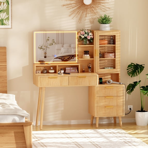 48-Inch Fluted Makeup Vanity Desk with Mirror and Lights, Modern Glass Door Vanity Table with 5 Drawers, Adjustable Shelves, Wood Dressing Table with Charging Station for Bedroom
