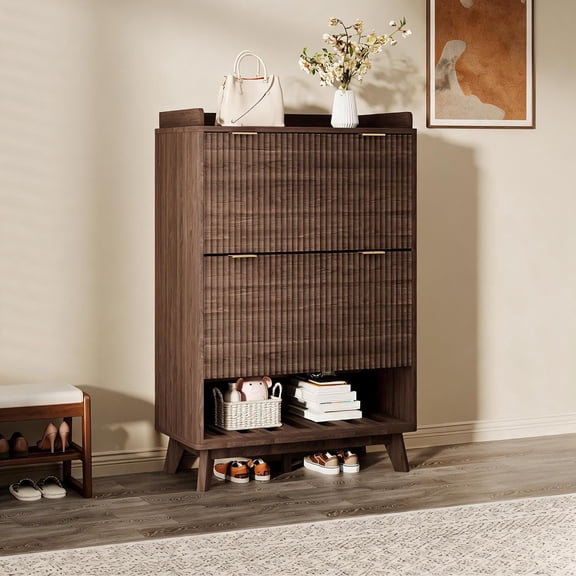 48-Inch Fluted Shoe Cabinet with 2 Flip Drawers, Adjustable Shelves, Bottom Shelf, Narrow Shoe Organizer for Entryway, Hallway and Living Room,Walnut