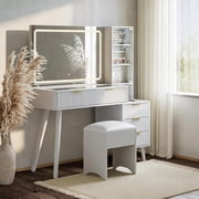 48 Inch Fluted Vanity Desk with Dimmable LED Lighted Mirror, Built-in Charging Station, Multi Compartment Storage, Jewelry Organizer and Cushioned Stool, Modern Dressing Table for Bedroom White