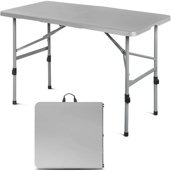 48 Inch Folding Table with Carry Handle, Portable Heavy Duty Plastic Utility Table with Steel Legs for Party, Wedding, Camping, Indoor, Outdoor Event, Gray
