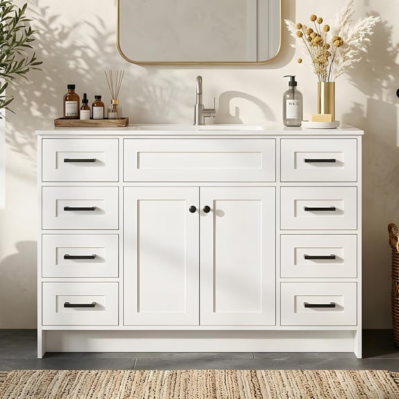 KZElegy 48 inch Single Rectangle Bathroom Vanity with Sink,Shaker Style Freestanding Cabinet with 8 Drawers & Double Doors,Waterproof Lacquer Finish,White