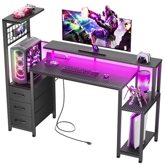48 Inch Gaming Desk with Power Outlet and LED Lights, Carbon Fiber ...