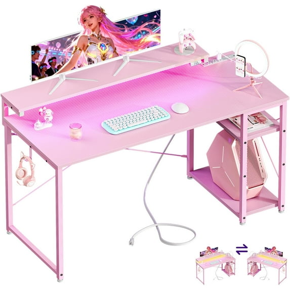 48 Inch Gaming Desk with Storage & Led Lights, Computer Desk with Shelf, Reversible Gamer Desk with Adjustable Monitor Stand, Carbon Fiber Texture Pink