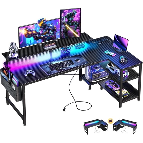 48 Inch Gaming Desk with USB Charging Ports and LED Lights, Reversible L Shaped Computer Desk with Storage Shelves & Monitor Stand, Corner Gamer Desk Table with Power Outlets, Black