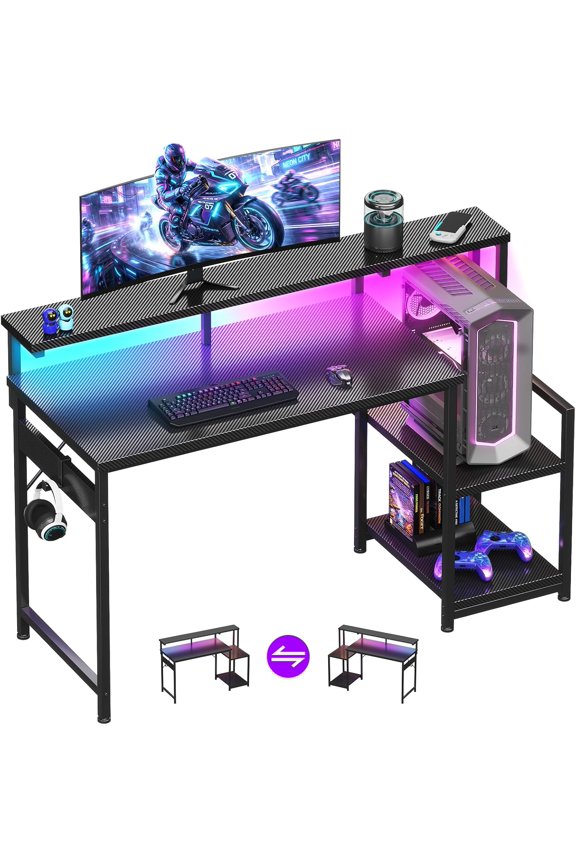 48 Inch Gaming Desk with LED Lights, Computer Desk with Storage Shelves, Reversible Desk with Monitor Stand, Carbon Fiber Black