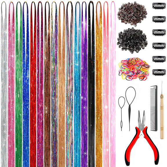 48 Inch Glitter Hair Tinsel Extensions Kit (16 Colors, 4800 Strands) With Tools - Heat Resistant Fairy Hair Accessories for Women, Girls, Kids Cosplay Party