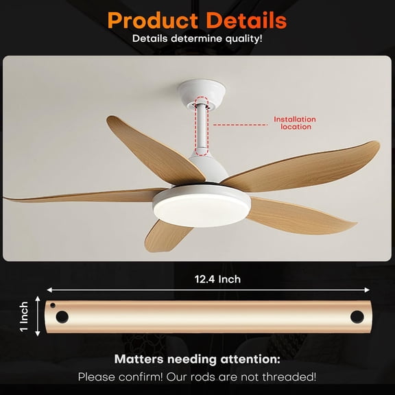 48 Inch Gold Ceiling Fan Downrod Extension Rod - 1 Inch OD Unthreaded Metal Support for Various Fans