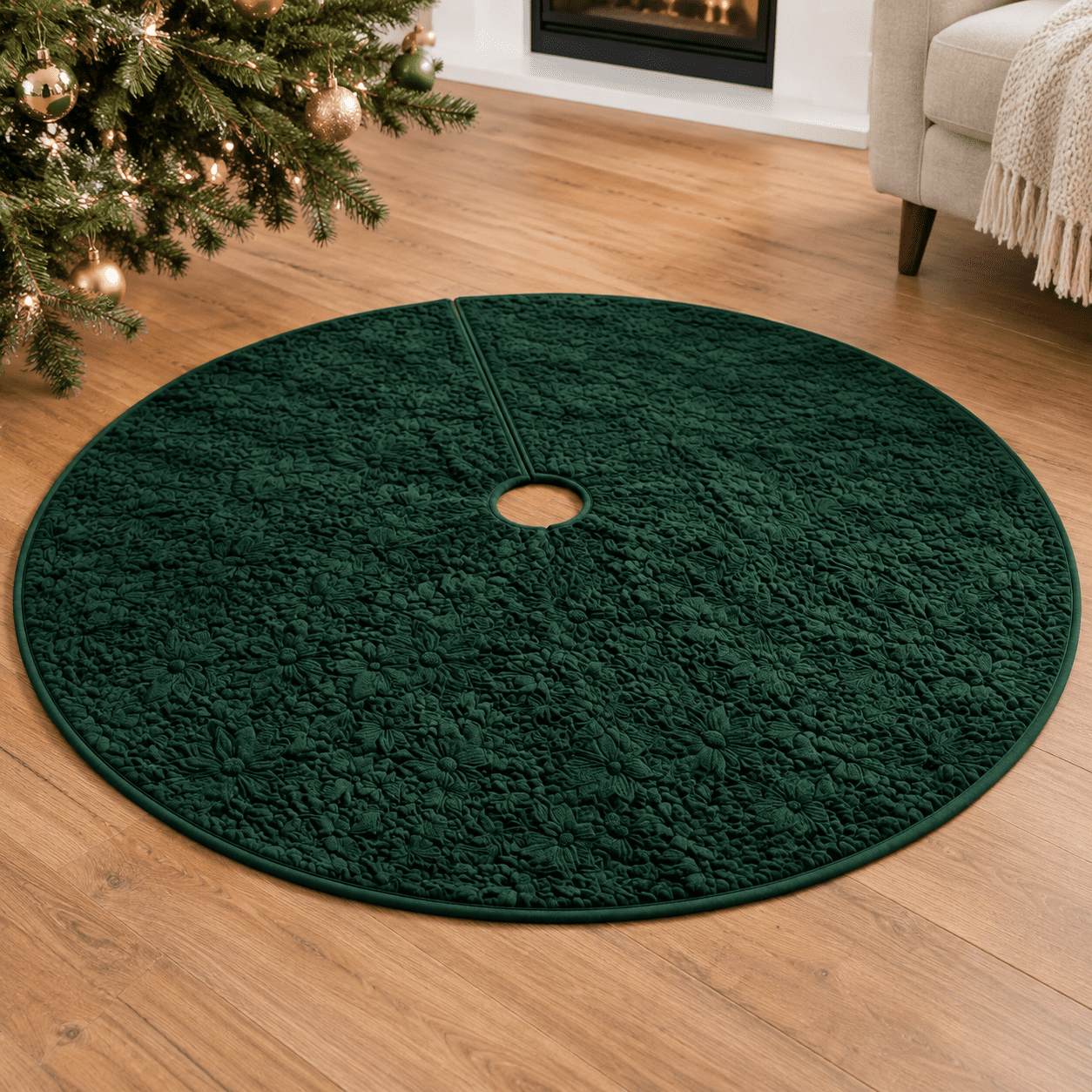 48 Inch Green Christmas Tree Skirt with Floral Embossing for Holiday ...