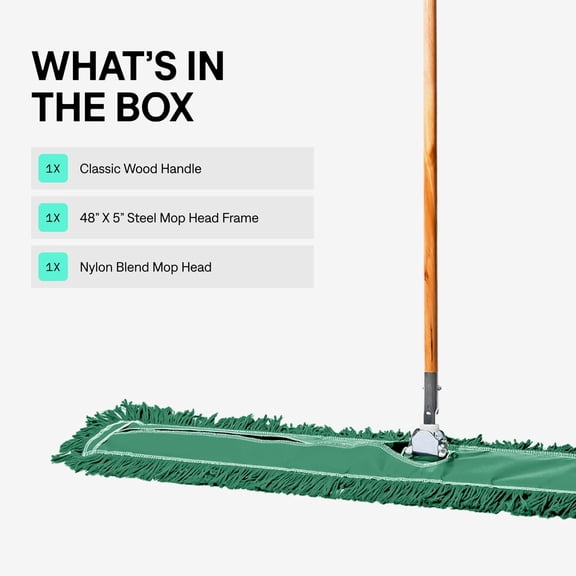 48 Inch Green Commercial Dust Mop & Floor Sweeper – Wood Handle Floor Mop for Tile, Hardwood & Concrete