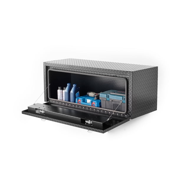 48-Inch Heavy Duty Aluminum Truck Tool Box with Lock & Keys, Waterproof Trailer Storage, Reinforced Diamond Thread Plate Construction, Matte Black Finish for Flatbed Trucks