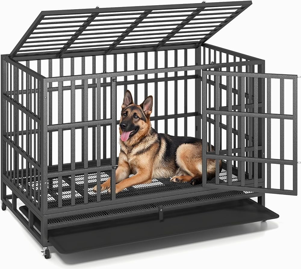 YOKWOK 48 Inch Heavy Duty Dog Crate, Indestructible Steel Chew & Escape Proof Dog Cage for Large High Anxiety Dogs, XL Metal Dog Kennel with Locking Wheels, Removable Tray, Double-Doors, Black