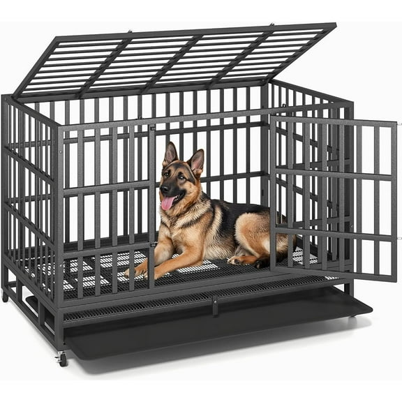 YOKWOK 48 Inch Heavy Duty Dog Crate, Indestructible Steel Chew & Escape Proof Dog Cage for Large High Anxiety Dogs, XL Metal Dog Kennel with Locking Wheels, Removable Tray, Double-Doors, Black