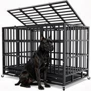 YOKWOK 48 Inch Heavy Duty Dog Crate, Indestructible Steel Chew & Escape Proof Dog Cage for Large High Anxiety Dogs, XL Metal Dog Kennel with Locking Wheels, Rem
