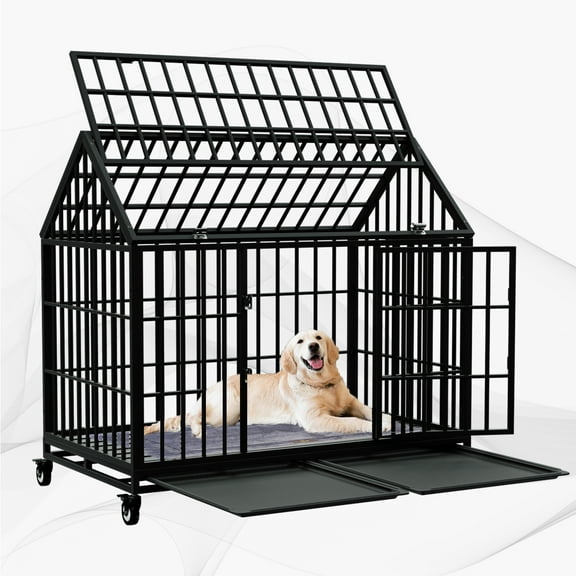 48 Inch Heavy Duty Dog Crate Large Dog cage Strong Metal Dog Kennels and Crates for Large Dogs Top Open with Wheels 2 Removable Trays