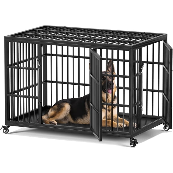 48 Inch Heavy Duty Dog Crate for Large Dogs with Self-Locking Latch, Escape-Proof Steel Kennel Indoor, XL Large Double Door Metal Pet Cage with Wheels