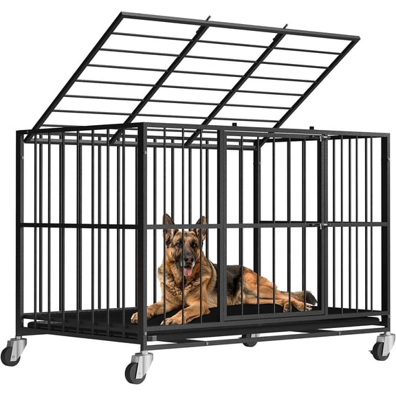 48 Inch Heavy Duty Dog Crate Steel Escape Proof, Indoor Double Door High Anxiety Cage, Removable Tray, Kennel with Wheels,XL XXL
