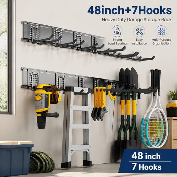 48 Inch Heavy Duty Garden Tool Organizer Wall Mount with 7 Adjustable ...