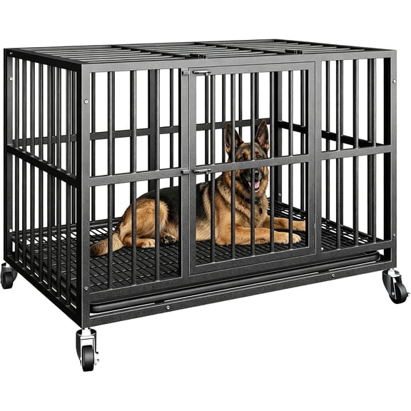 48 Inch Heavy Duty Indestructible Dog Crate for Large Dogs, Escape Proof Dog Kennel Indoor with Removable Tray and Lockable Wheels, Easy to Clean, XL Dog Cage for Large and Medium Dogs