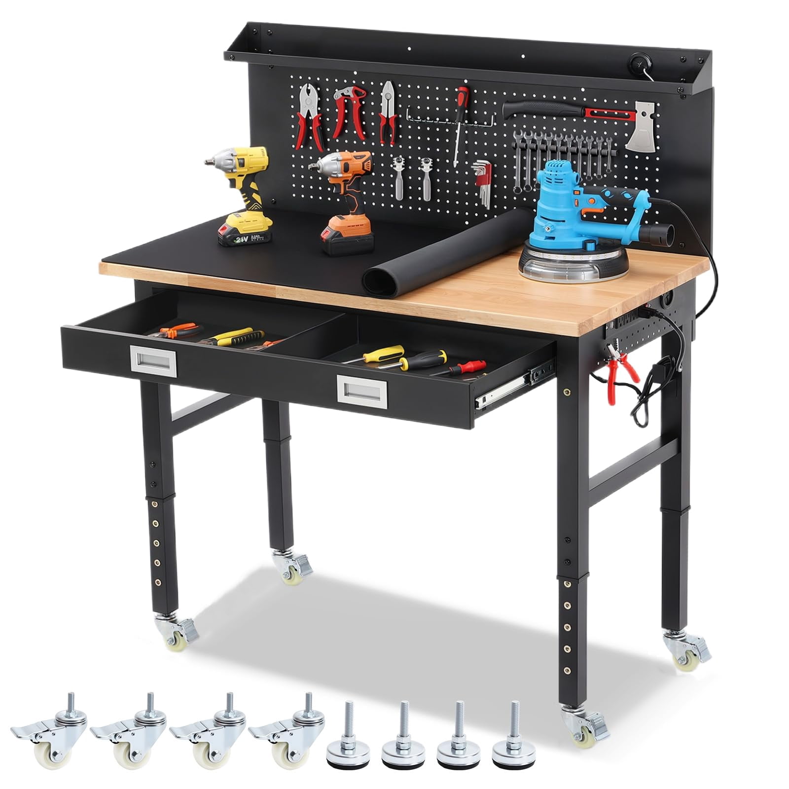 48 Inch Heavy Duty Rolling Workbench with Drawers Pegboard and LED ...