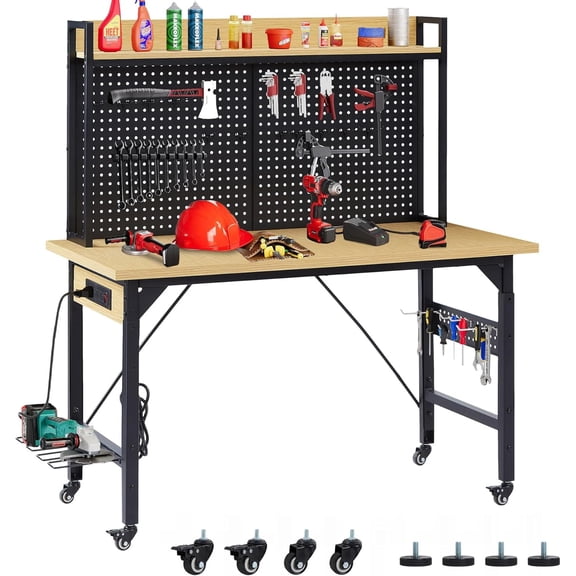 48 Inch Heavy Duty Rolling Workbench with Pegboard & Power Outlets, Adjustable Height Mobile Workbench, 2000 lb Load Capacity, for Garage, Workshop, Home Office – Yellow & Black (48'')