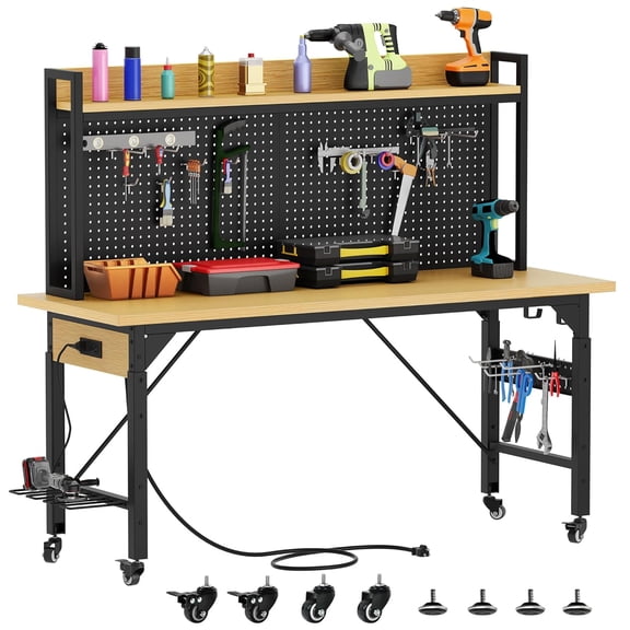 48 Inch Heavy Duty Rolling Workbench with Pegboard & Power Outlets, Adjustable Height Mobile Workbench, 2000 lb Load Capacity, for Garage, Workshop, Home Office – Yellow & Black (48'')