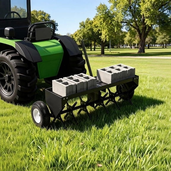 48 Inch Heavy-Duty Tow-Behind Plug Aerator for Lawn Tractor and ATV, 24 Steel Tines with 3 Inch Depth, 150 Lb Weight Tray, Universal Hitch, Inflatable Wheels for Superior Soil Aeration