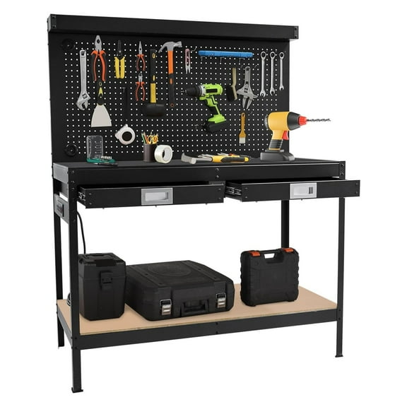 48 Inch Heavy Duty Workbench, 2 Tier Garage Workbench with Power Outlet, 2 Drawers, Pegboard, Under Shelf, Professional Industrial Work Table for Workshop, Basement