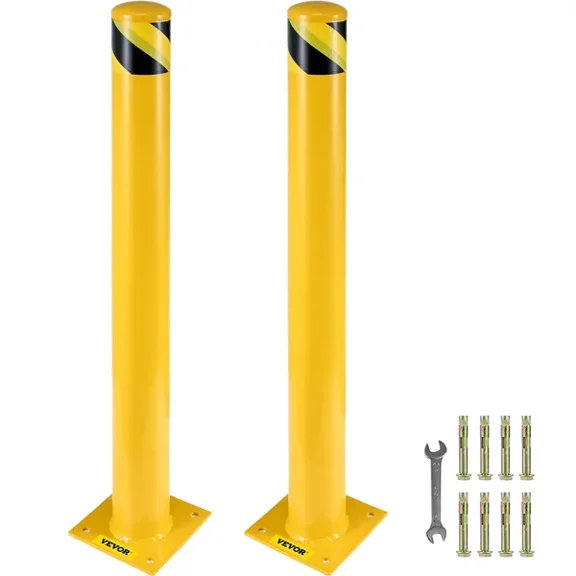 48 Inch Height 5.5 Inch Diameter Yellow Steel Safety Bollard Post with 8 Anchor Bolts for Traffic Sensitive Areas
