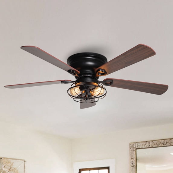 Parrot Uncle 48" Farmhouse Flush Mount Caged Ceiling Fan with Remote Control and Light Kit, Low-Profile Chandelier Ceiling Fan