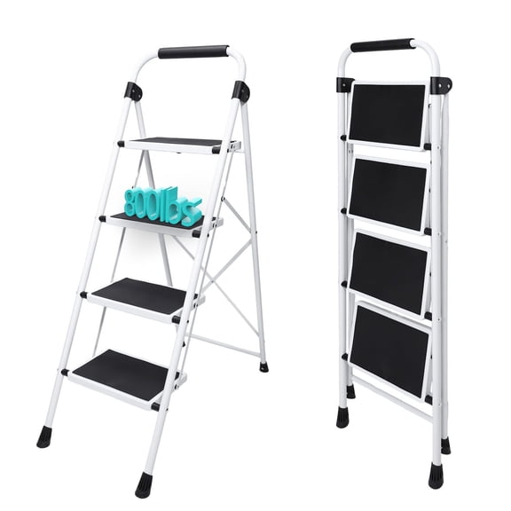 48 Inch Iron Stepstool, 4 Folding Stepstool with Non-Slip Pedals and Comfortable Handrails, Sturdy Steel Ladder Portable Heavy Duty Stepstool for Kitchen, Garage and Outdoor Use, Black