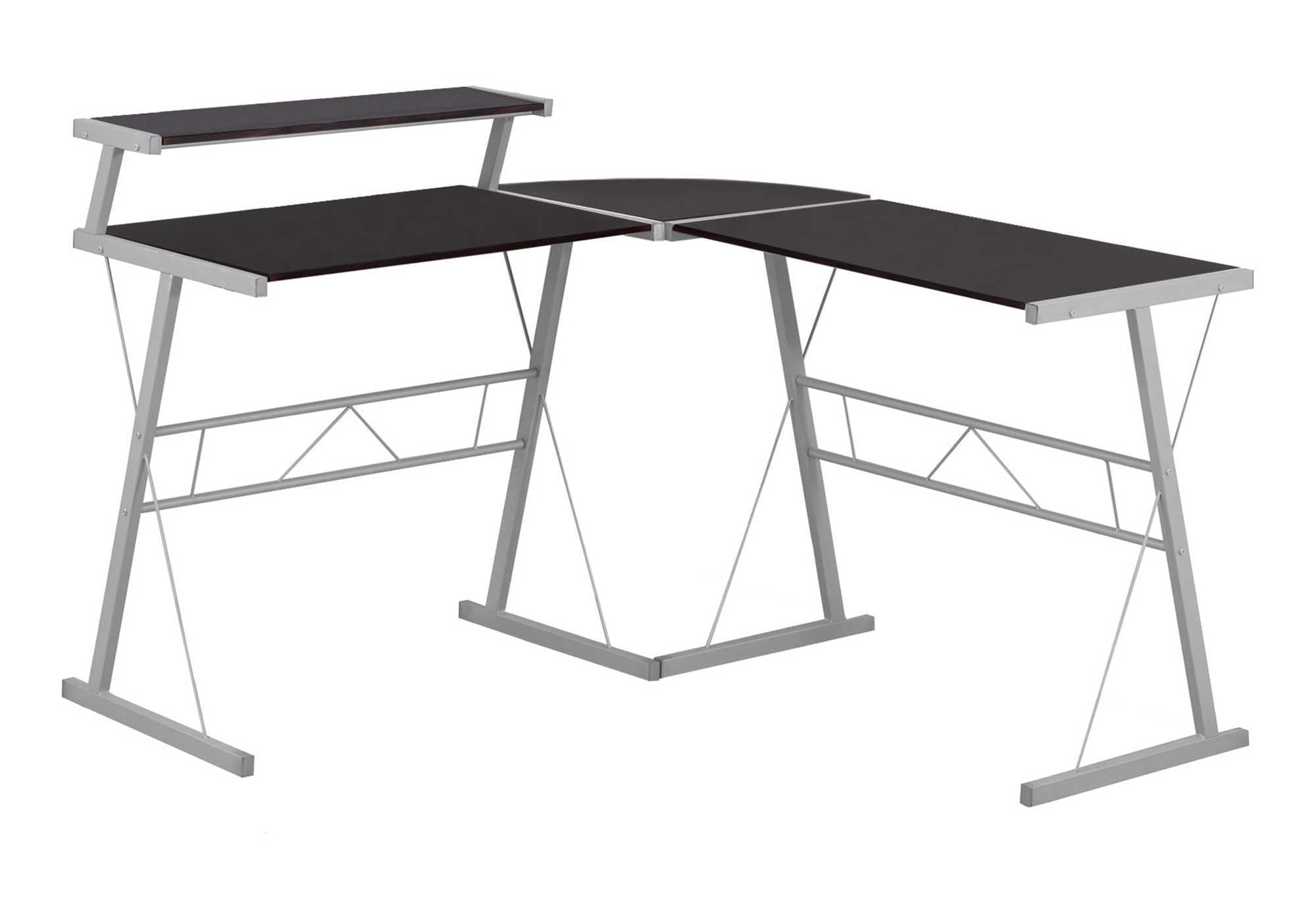 48 Inch L Shaped Brown Computer Desk with Monitor Shelf and Grey Metal Frame
