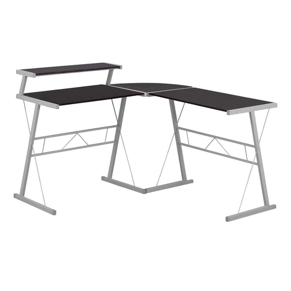 48 Inch L Shaped Brown Computer Desk with Monitor Shelf and Grey Metal Frame