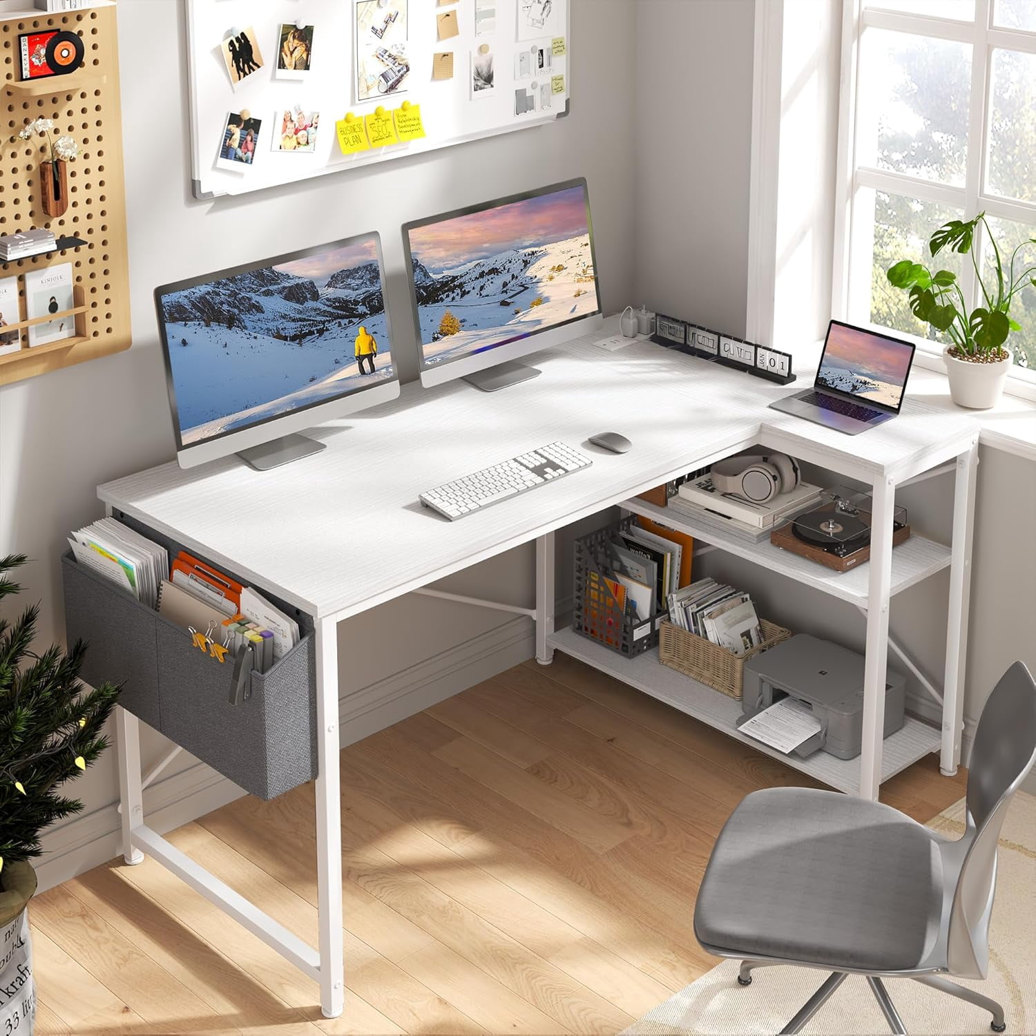 48 Inch L Shaped Computer Desk with Storage Shelves & Side Bag, Office Desk with Power Outlets, Small Corner Desk for Gaming Working Small Space Home Office Bedroom, Study Writing Table, White
