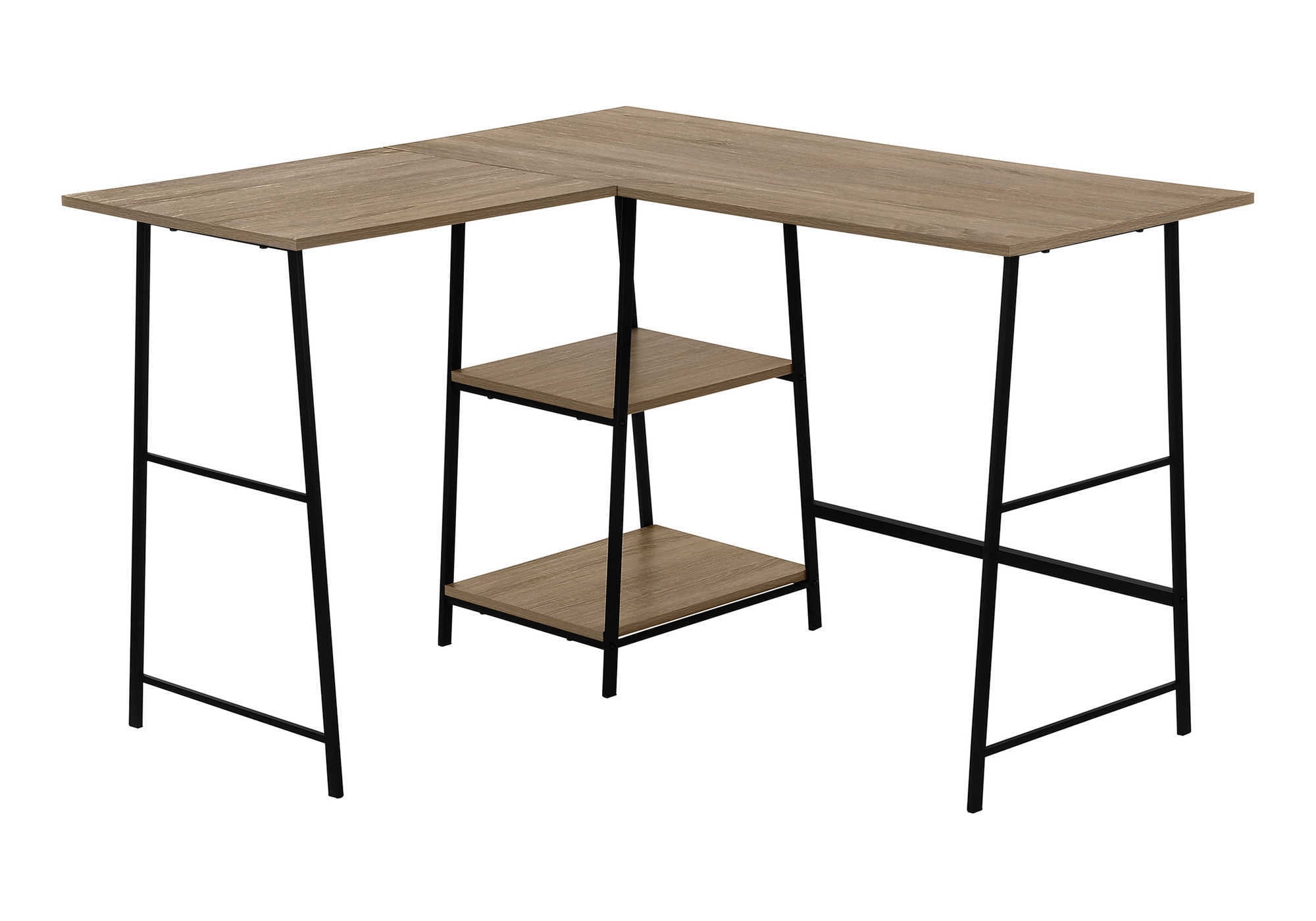 48 Inch L Shaped Dark Taupe Computer Desk with Black Sawhorse Legs and Shelves