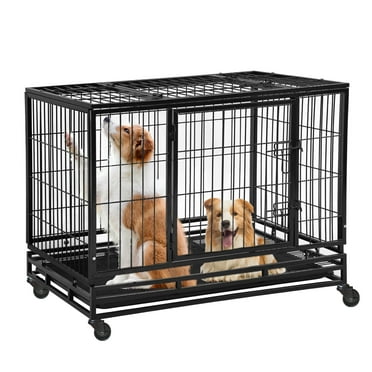 48 Inch Large Dog Crate Dog Kennel Indoor Outdoor Big Dog Cage Dog Crates for Large Medium Small Dogs Heavy Duty Dog Crate Metal Indestructible XXL XL Dog Crate Pet Cage with Wheels Tray Double Door