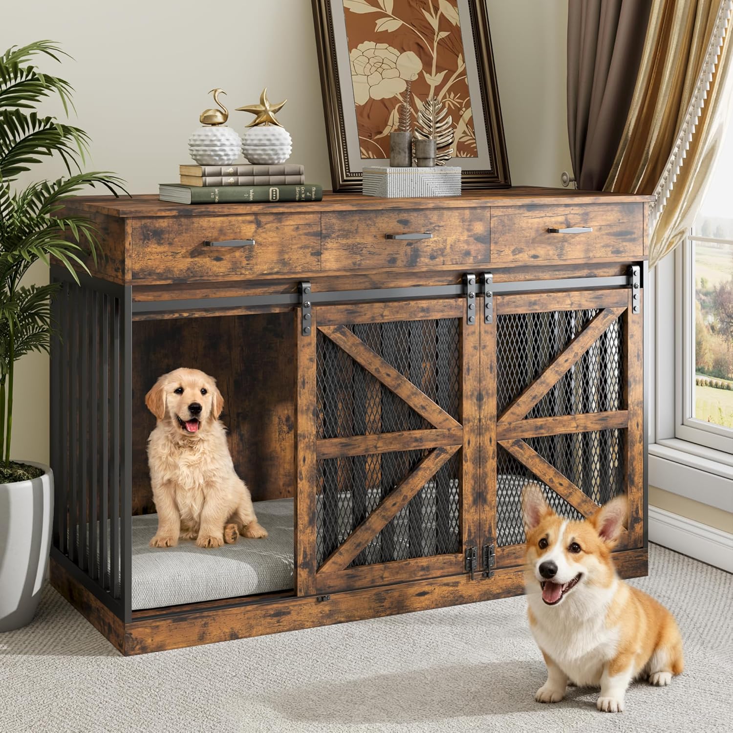 Picture of 48 Inch Large Dog Crate Furniture with 3 Storage Drawers Wooden Pet ...