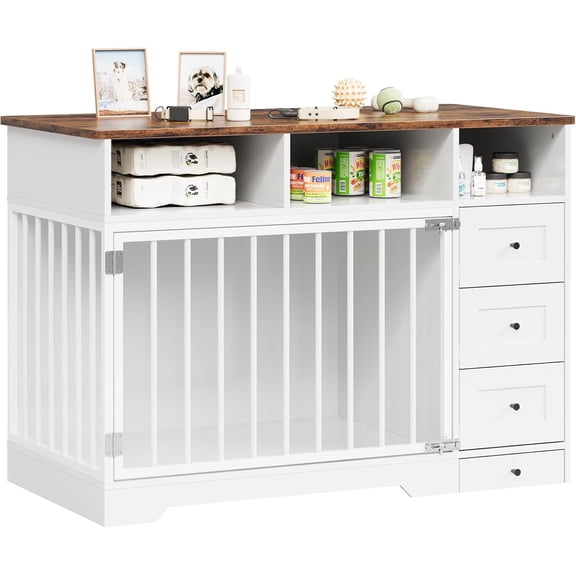 48 Inch Large Dog Crate Furniture, Farmhouse Wooden Dog Kennel Furniture with Dog Bowl & 6 Storage Drawers, Heavy Duty Dog Cage End Table for Large Medium Small Dogs, White