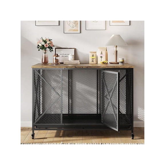 48 Inch Large Dog Crate Furniture With Flip Top, Heavy Duty Dog Cage With Wheels, Multi-Functional Indoor Pet House Side End Table For Large Medium Small Breeds 48'' Heavy Duty Dog Crate Furniture W