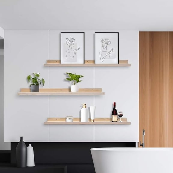 48 Inch Large Wood Floating Shelves for Wall Set of 3, Rustic Natural Picture Ledge Shelf Decor for Bedroom Kitchen Bathroom Living Room Nursery Display, 3 Same Sizes