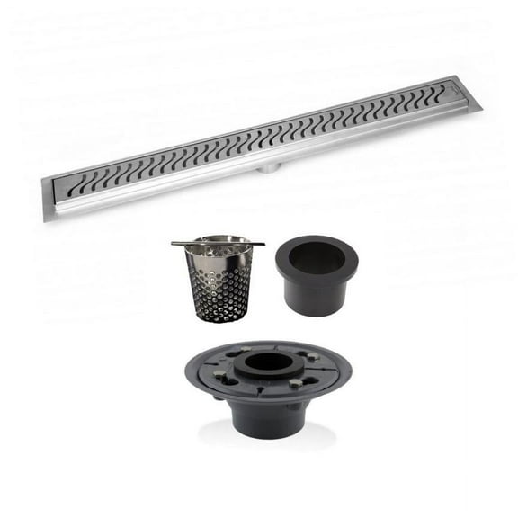 48 Inch Linear Shower Drain with 2 Inch ABS Shower Drain Base and Hair Trap Set (6 Designs), SereneDrains