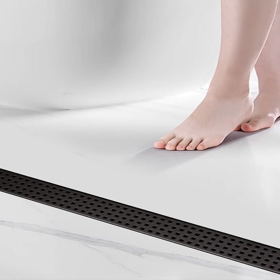 48 Inch Linear Shower Drain with Removable Wedge Wire Pattern Grate, Matte Black Stainless Steel Rectangle Shower Floor Drain for Bathroom