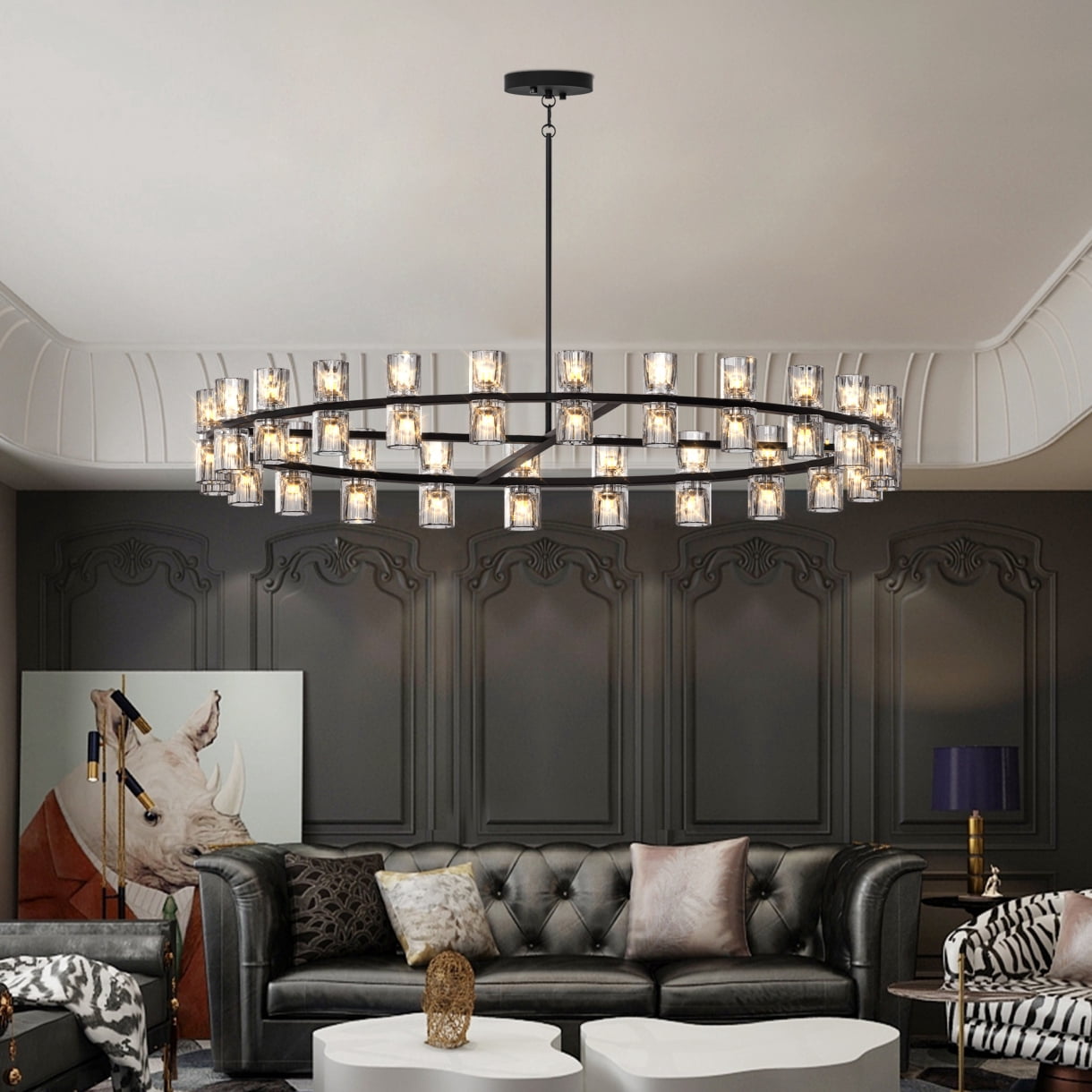 48-Inch Luxury Crystal Chandelier with Dual Ring LED Lighting for Living Room & Dining Room Decor Energy Efficient Included Bulbs Easy Installation Black
