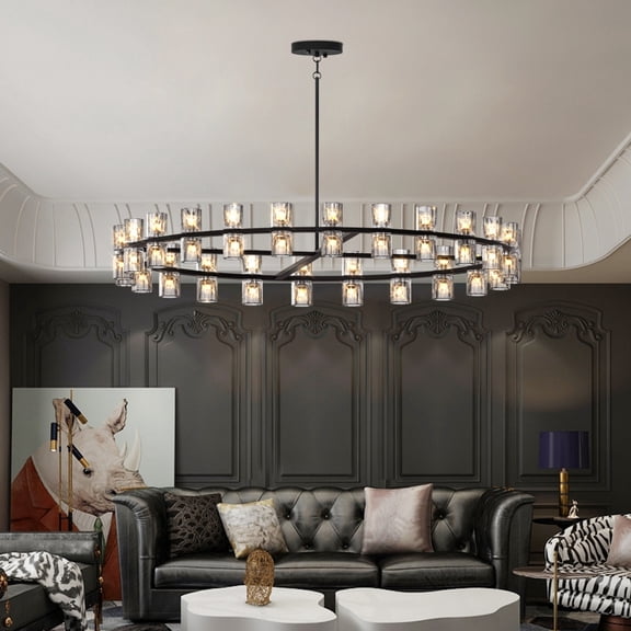 48-Inch Luxury Crystal Chandelier with Dual Ring LED Lighting for Living Room & Dining Room Decor Energy Efficient Included Bulbs Easy Installation Black