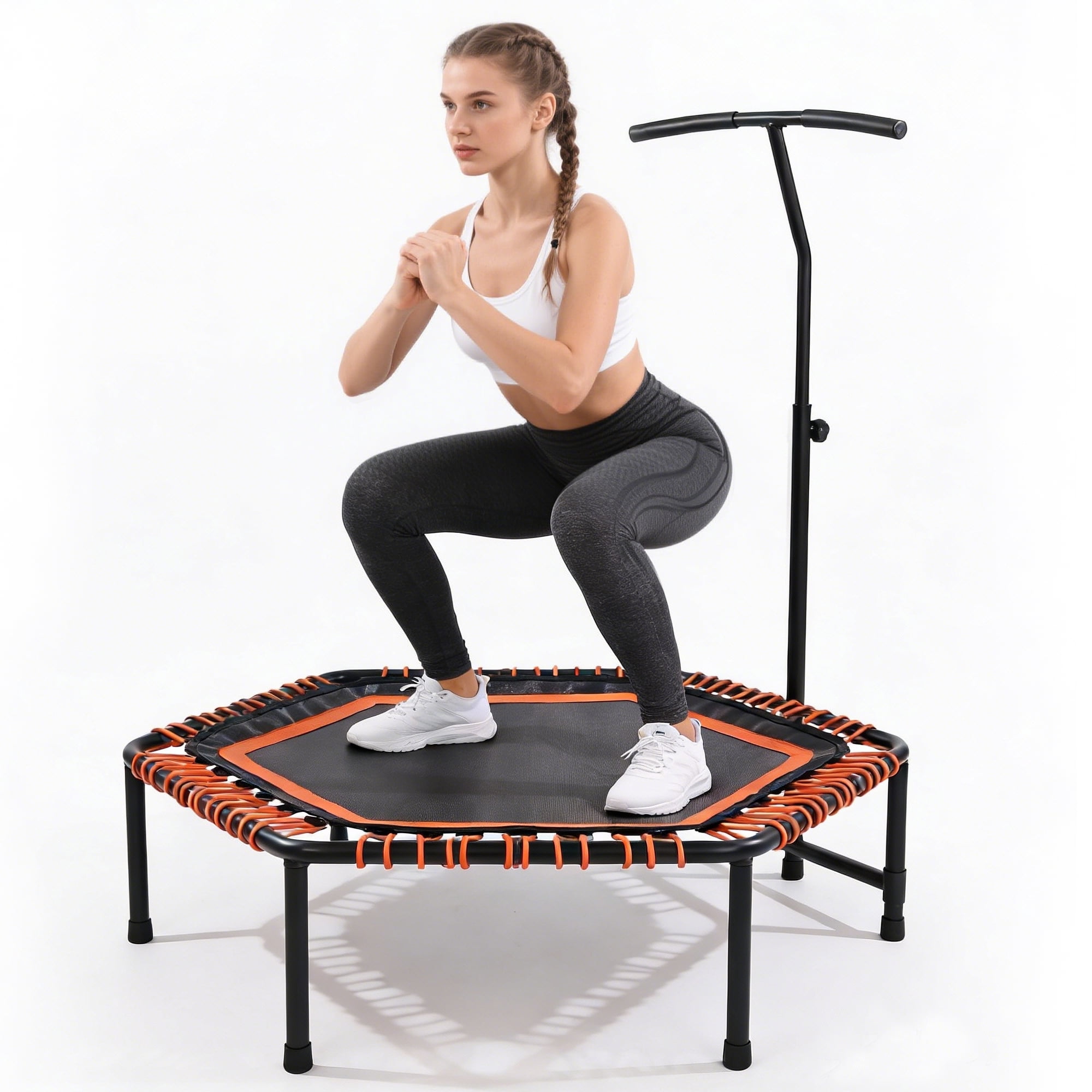 48 Inch Mini Fitness Rebounder with 3-Level Adjustable Handlebar, Quiet Bungee Trampoline, 330LBS Capacity for Indoor Outdoor Cardio & Strength Training