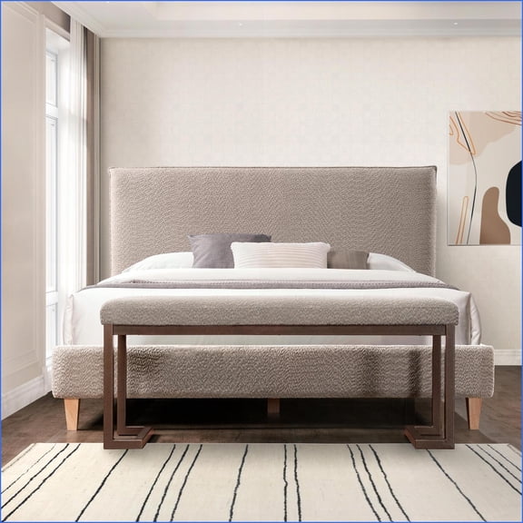 48 Inch Modern Upholstered Bench with Metal Frame | Entryway/Living Room/Bedroom | Slate Gray Boucle