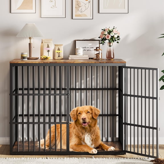 48 Inch Multidoor Dog Crate Furniture, Metal Wood Combined Heavy Kennel, End Table Style Indoor Cage for Medium Large Dogs