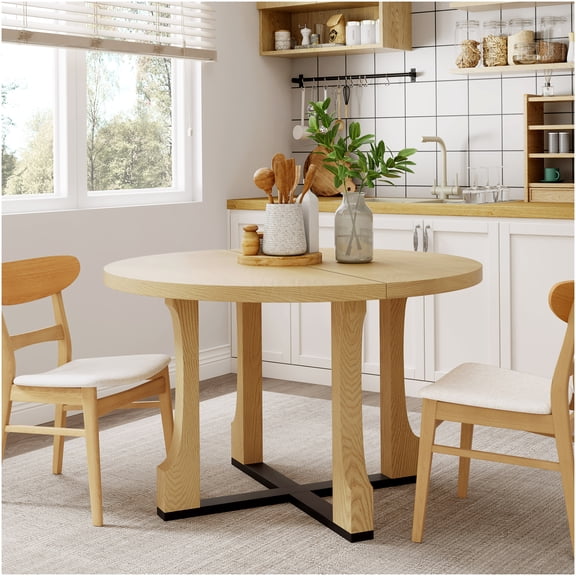 48 Inch Natural Ash Solid Wood Round Dining Table for 4, Farmhouse Pedestal Base Kitchen Table for Small Space