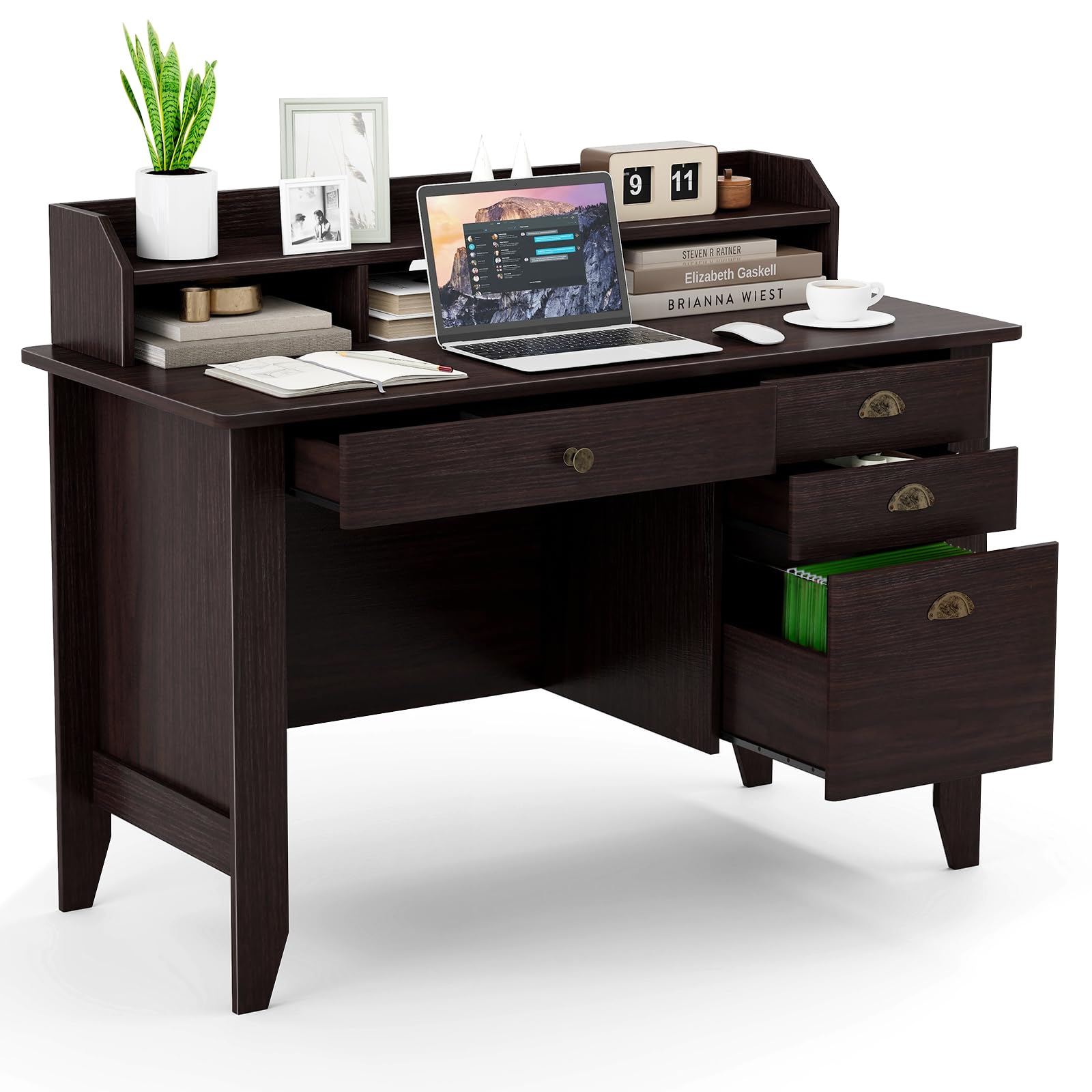 48 Inch Office Desk with 4 Drawers and Hutch, Wooden Executive Computer ...