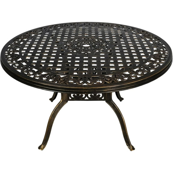 48" Outdoor Dining Table Round Patio Table Powder-Coated Cast Aluminum Frame for Garden with Umbrella Hole (Bronze)